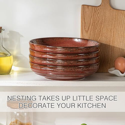 HAPPY KIT Stoneware 9'' Pasta Bowls 42oz Set of 4, Rust Red | 42 Oz, Stoneware Reactive Glaze, Ceramic Serving Bowls for Fruit, Soup, Noodle, Dinner, Scratch Resistant - color: RustRed