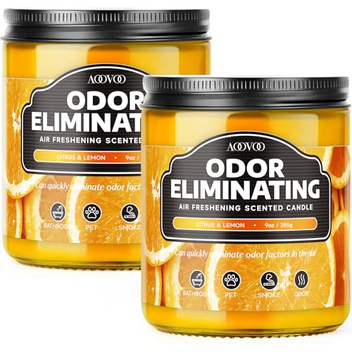 AOOVOO Citrus Lemon 2 Pack Odor Eliminating Candle - 18oz Soy Candle | Eliminates 95% of Pet, Smoke, Food, and Other Smells Quickly, Non Toxic Air Freshing Candle, Up to 100 Hours Burn time - size: 18 Ounce (Pack of 2)