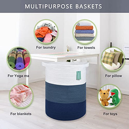 Cotton Rope Blanket Basket, 72L Tall Laundry Hamper, White & Blue | 16"x 22", Large Collapsible Woven Nursery Hamper with Sturdy Handles for Clothes Toys Towels, Bedroom Living Room Bathroom - color: White & Cadet Blue & Navy Blue, size: 72L (16"x22")