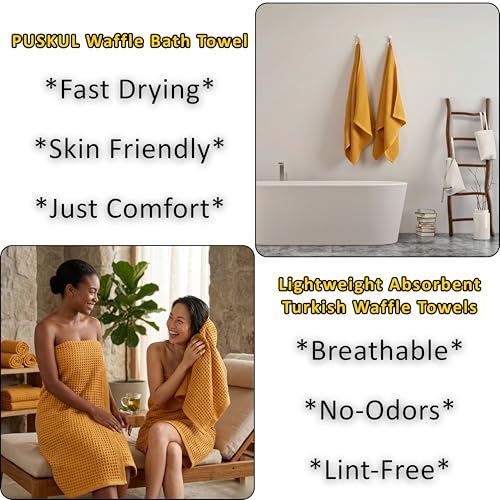 PÜSKÜL 2-Piece Natural 100% Turkish Cotton Waffle Bath Towels Extra-Large | Mustard, 32x63" Bath Sheet Towel, Light Soft Absorbent Quick-Dry Lint-Free Premium Honeycomb Weave Oeko-Tex Made in Turkiye - color: Mustrad Yellow