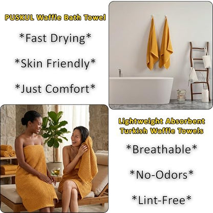 PÜSKÜL 2-Piece Natural 100% Turkish Cotton Waffle Bath Towels Extra-Large | Mustard, 32x63" Bath Sheet Towel, Light Soft Absorbent Quick-Dry Lint-Free Premium Honeycomb Weave Oeko-Tex Made in Turkiye - color: Mustrad Yellow