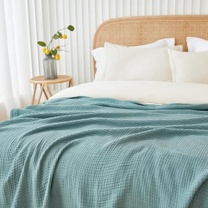 EMME Muslin Cotton Queen Blanket for Bed 90" x 90" Lightweight Breathable Layering Bedspread Gauze Soft Lightweight Airy Teal - color: 01 - Teal, size: Queen (90" x 90")