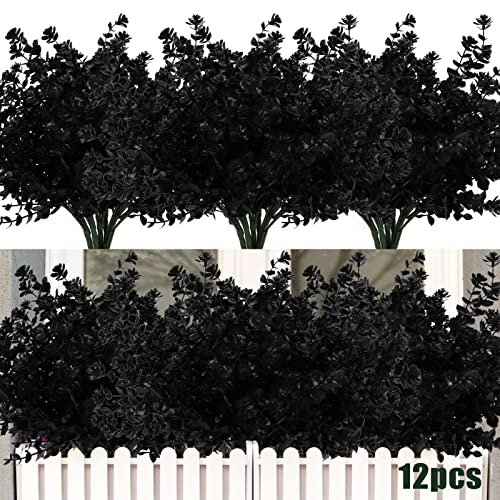 RECUTMS Black Artificial Flowers,12Pc Fake Fall Outdoor UV Resistant Plants | Fake Black Plants Halloween Decor,Faux Plastic Greenery Shrubs Indoor Outside Hanging Planter Flower Decoration,Garden Decor - color: Black, size: 12 Pcs