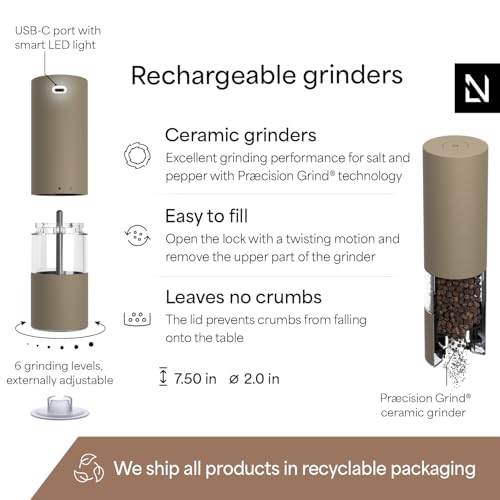 LARS NYSØM Electric Salt and Pepper Grinder Set I Automatic Salt and Pepper Mills with Adjustable Ceramic Grinder I USB Rechargeable Electric Spice Mill Set with LED Light (Taupe Brown) - color: Taupe Brown, size: Set of two electric mills