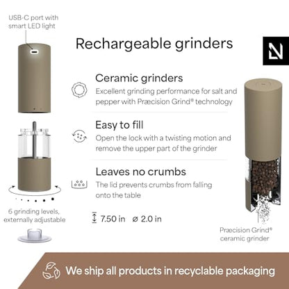 LARS NYSØM Electric Salt and Pepper Grinder Set I Automatic Salt and Pepper Mills with Adjustable Ceramic Grinder I USB Rechargeable Electric Spice Mill Set with LED Light (Taupe Brown) - color: Taupe Brown, size: Set of two electric mills