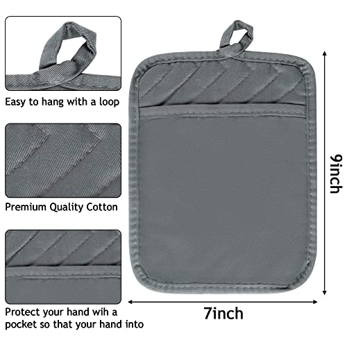 R HORSE 6 Pack Gray Pot Holders with Pocket for Kitchen, 7''x 9'' | Cotton Potholders, Heat Resistant Oven Mitts, Non-slip Terry Cloth Trivet, Ideal for Baking, Cooking, Machine Wash - color: Gray