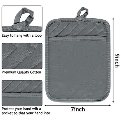 R HORSE 6 Pack Gray Pot Holders with Pocket for Kitchen, 7''x 9'' | Cotton Potholders, Heat Resistant Oven Mitts, Non-slip Terry Cloth Trivet, Ideal for Baking, Cooking, Machine Wash - color: Gray