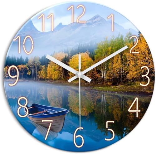 XFM Natural Landscape Wall Clock 14 Inch Lake Boat | Silent Non-Ticking Battery Operated Modern Glass Nature Decorative for Living Room Kitchen Bedroom Office - color: Blue3, size: 14 Inch