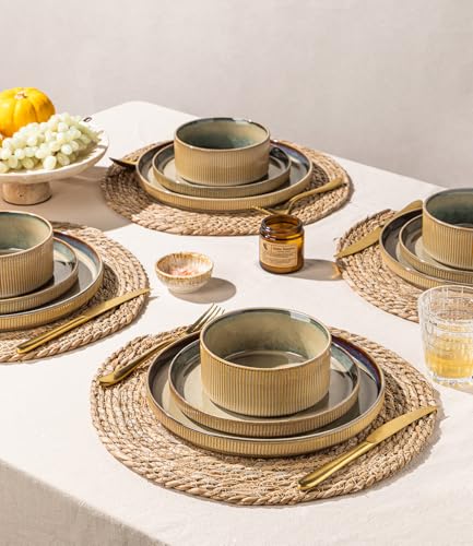 GBHOME Stoneware Dinnerware Sets for 4, 12 Pieces Plates and Bowls Set | Lightweight Ceramic Ribbed Dishes, Reactive Glaze Stackable Plate Set, Scratch Resistant, Microwave & Dishwasher Safe, Khaki - color: Sea Blue