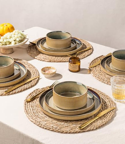 GBHOME Stoneware Dinnerware Sets for 4, 12 Pieces Plates and Bowls Set | Lightweight Ceramic Ribbed Dishes, Reactive Glaze Stackable Plate Set, Scratch Resistant, Microwave & Dishwasher Safe, Khaki - color: Sea Blue