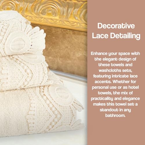 Zahari Home 3 Piece Laced Towel Set - Stylish Soft Plush Cotton Towels with Hand Towel & Washcloth - Highly Absorbent Towels for Bathroom, Gym, Hotel & Spa (Crochet Beige) - color: Crochet-beige