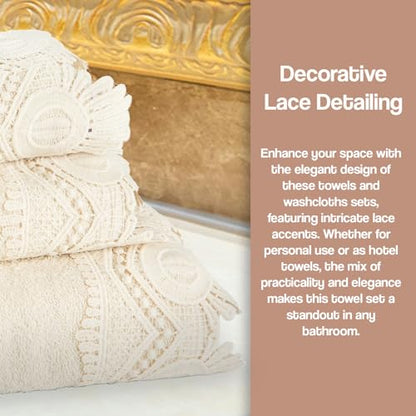 Zahari Home 3 Piece Laced Towel Set - Stylish Soft Plush Cotton Towels with Hand Towel & Washcloth - Highly Absorbent Towels for Bathroom, Gym, Hotel & Spa (Crochet Beige) - color: Crochet-beige