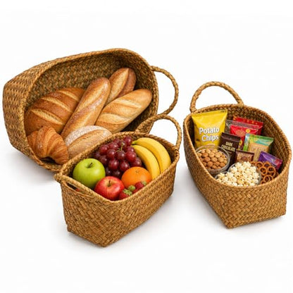 Elsjoy Set of 3 Woven Seagrass Baskets with Handles, Oval Wicker Woven Storage Baskets, Rattan Shelf Basket for Fruit, Bread, Kitchen