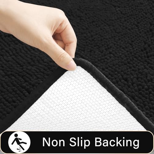 LOCHAS Bathroom Rugs Sets 2 Piece, 20''x20'' & 34''x21'', Black | Non Slip U-Shaped Toilet Rug, Chenille Washable Absorbent, Soft Bath Mat Set for Shower, Sink - color: Black