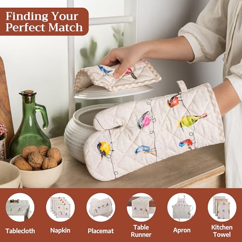 Maison d'Hermine Oven Gloves 100% Cotton Oven Mitt 7" x 13" with Loop Heat Resistant, BBQ, Cooking Gloves, Baking, Grilling, Kitchen, Handling Hot Pans Spring/Summer (Pack of 1, Birdies On Wire) | With Loop Heat Resistant BBQ Cooking Gloves Baking Grillin