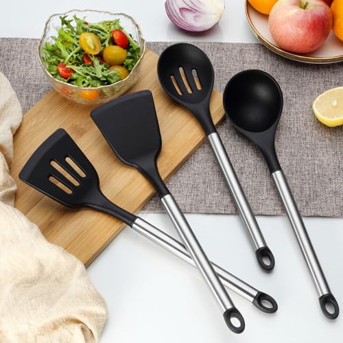 Pleafind 4-Pcs Silicone Cooking Utensils Set, Wok Utensils Set Include Wok Ladle, Slotted Spoon, Solid Spatula and Slotted Spatula, Silicone and Stainless Steel Kitchen Utensils, Dishwasher Safe - color: 4P-Black