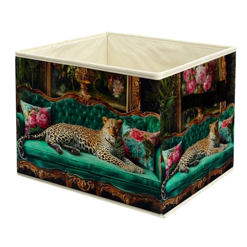 Vintage Floral Leopard Storage Basket with Handles | Peony Flower Cheetah Teal Baroque Collapsible Fabric Storage Box Bin Organizer for Shelves Closet Clothes - color: colour 23