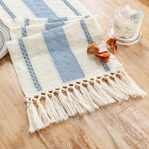 Fancy Homi Light Blue Table Runner 48 Inches Long Boho Macrame Coastal Blue Table Runner for Home Decor, Farmhouse Table Runners with Tassels for Party Rustic Bridal Shower Dining Decor 12x48 Inches - color: Light Blue, size: 12" x 48"