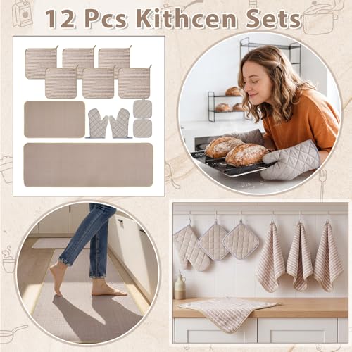 Batiyeer 12 Pcs Farmhouse Kitchen Decor and Accessories Set 6 Kitchen Towels 2 Pot Holders 2 Oven Mitts 2 Rugs for Cooking Baking Mom Housewarming Gifts