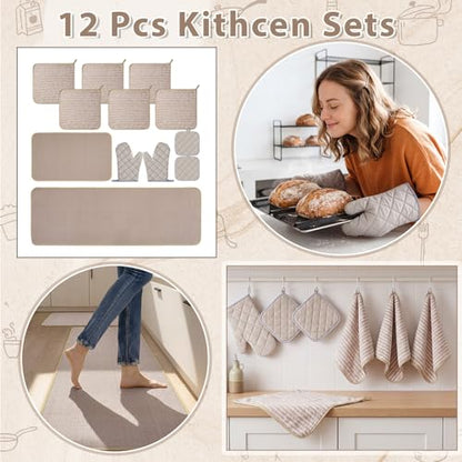 Batiyeer 12 Pcs Farmhouse Kitchen Decor and Accessories Set 6 Kitchen Towels 2 Pot Holders 2 Oven Mitts 2 Rugs for Cooking Baking Mom Housewarming Gifts