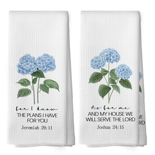 Blue Hydrangea Inspirational Christian Kitchen Towels Set of 2, Baptism Gifts for Women Hand Towel, for i Know The Plans i Have for You Bible Verse Decorative Tea Towel Dish Towels 16x24 Inch - color: Color 14