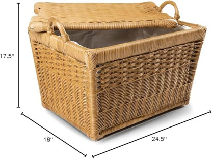 The Basket Lady Lift-Off Lid Wicker Storage Basket, L, Sandstone | Outside: 24.5" L x 18" W x 17.5" H | Inside: 21.5"L x 15.5"W x 14"H - Handcrafted by artisans from natural rattan - color: Sandstone, size: Large