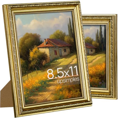upsimples Vintage 8.5 by 11 Picture Frame, Antique Gold Frames, 2 Pack | Gold Picture Frames, Fits 8.5 x 11 Photos, Elegant Vintage Design, Wall or Tabletop Decor, for Wedding or Family Memorie - color: Gold, size: 8.5x11