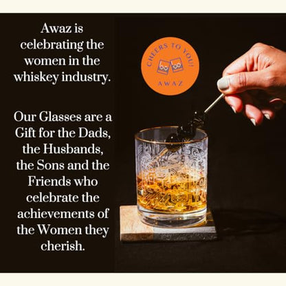 AWAZ Whiskey Glasses – Set of 2, Engraved with Whiskey-Making Process, 24k Gold Rim – 11oz Scotch, Bourbon Glass