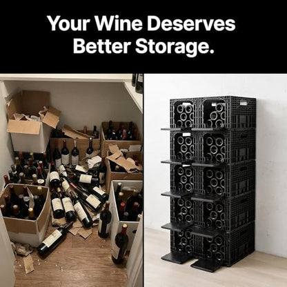 Stackable Wine Rack for Cabinet,12-Bottle Crate, Set of 3, Black | Dual-access modular horizontal wine rack organizer, recycled plastic crates stack to 8ft, fits cellar, home bar or wine shelf