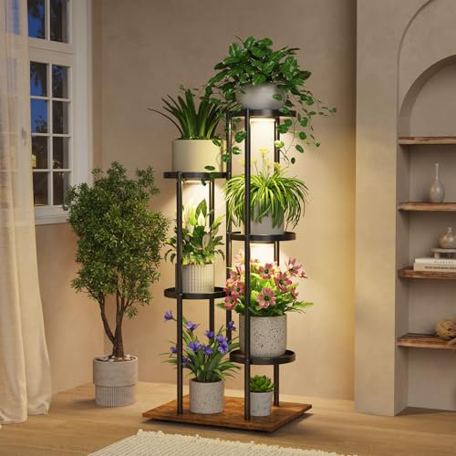 iDavosic.ly 5 Tier Plant Stand Indoor with Grow Lights, Black & Brown Metal | Tiered Multiple Flower Holder, Orchid Display Rack for Patio Porch Balcony Outdoor, High Large Narrow Space Saving - color: Modern Black with Light, size: 5 Tier
