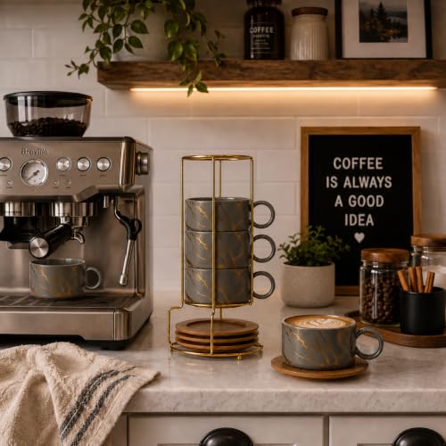 LUKA 6 Ounce Porcelain Stackable Espresso Cups with Saucers and Metal Stand Set of 4, Ceramic Cappuccino Cups Set for Specialty Coffee Drinks, Latte, Cafe Mocha and Tea, Gray - color: Gray