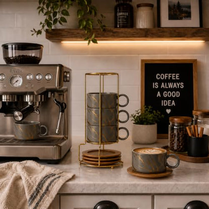 LUKA 6 Ounce Porcelain Stackable Espresso Cups with Saucers and Metal Stand Set of 4, Ceramic Cappuccino Cups Set for Specialty Coffee Drinks, Latte, Cafe Mocha and Tea, Gray - color: Gray