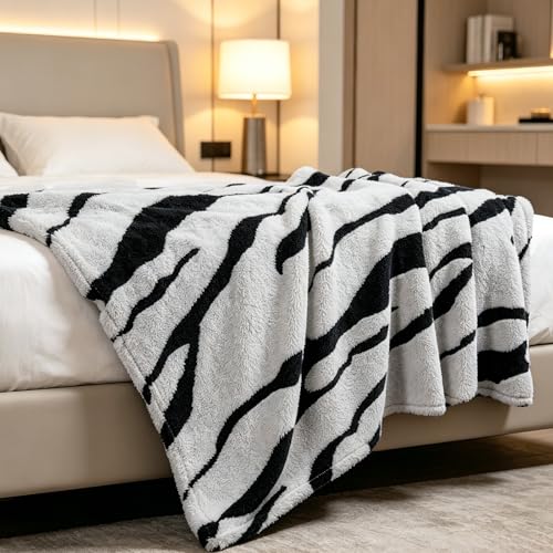 Zebra Printed Fleece Throw Blanket-Cozy Soft Lightweight Fuzzy Throw Blanket for Sofa, Couch, Bed & Chair,Black and Gray, 50" x 70" - color: Black and Gray
