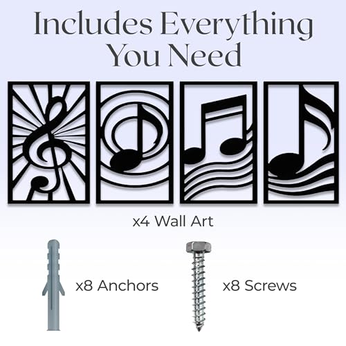GALLERY GRACE 4-Pc Music Notes Metal Wall Art, Black Wall Decor Set | 11 x 16 In Metal Panels, Music Notes Wall Decor, Minimalist Style, Ready to Hang, for Living Room, Office, Studio or Bedroom - style: Modern Musical Art