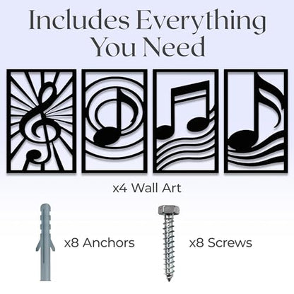 GALLERY GRACE 4-Pc Music Notes Metal Wall Art, Black Wall Decor Set | 11 x 16 In Metal Panels, Music Notes Wall Decor, Minimalist Style, Ready to Hang, for Living Room, Office, Studio or Bedroom - style: Modern Musical Art