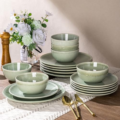 AmorArc Ceramic Dinnerware Sets for 6, 18 Pieces Handpainted Plates and Bowls Set, Scratch Resistant Stoneware Dishes Set, Dishwasher & Microwave Safe, Olive Green - color: Olive Green, size: Service for 6