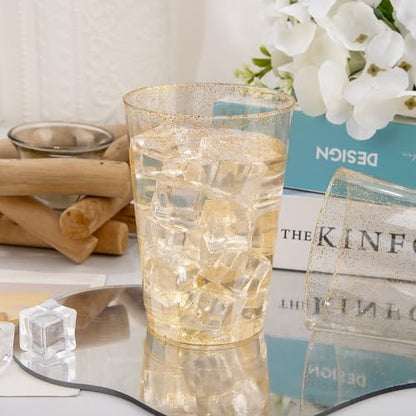 I00000 200 Pack 12 oz Gold Glitter Cups, Premium Clear Disposable Gold Cups | Gold Plastic Wine Glasses, Cocktail Glasses, Heavy Duty, Elegant Glitter Plastic Cups for Birthday, Wedding & Party - color: Glitter-12oz-200