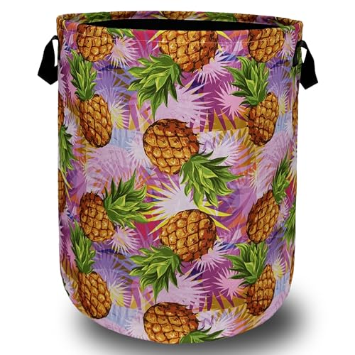 Tropical Pineapple Laundry Basket Oxford Cloth Foldable Hamper 18.9x16.5 In | Palm Trees With Handle Tote Bag Hawaii Laundry Hamper Clothes Storage Bucket Toy Organizer For Bathroom/Laundry/Bedroom - color: Tropical Pineapples With Palm Leaves