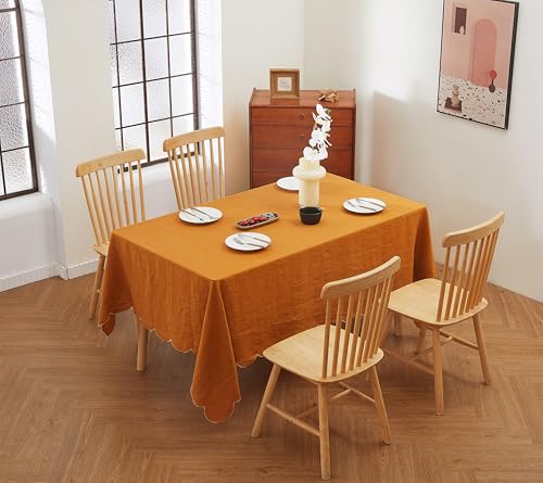 100% French Flax Linen Tablecloths Scalloped Embroidery Rectangle 84Lx60W Inch for Dinners, Parties, Spring, Easter, Machine Washable, 6-8 Sets, 60''x84'', Rust(Edges-Gold) - color: Rust(edges-gold), size: 84" x 60" (Rectangular)