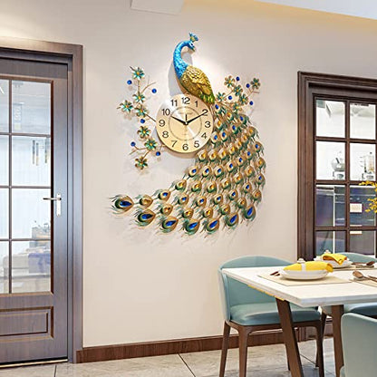 29.5" Large Peacock Wall Clock Crystal Decor, 3D Creative Luxury Wall Clock Silent Non-Ticking Battery Operated Living Room Decor Big Clock