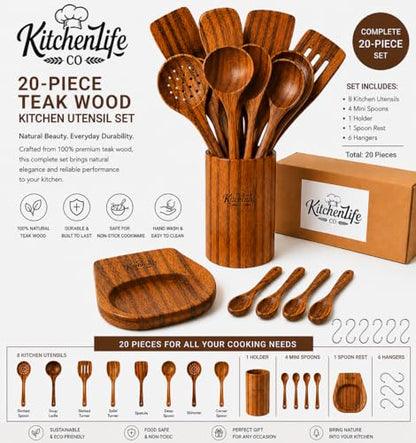 20-Piece Natural Teak Wood Kitchen Utensil Set with Holder, Cooking Utensils, Spatulas, Ladle, Slotted Spoon, Spoon Rest & Metal Hanging Hooks