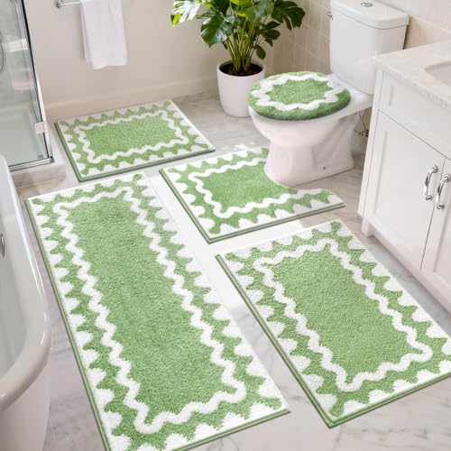 Findosom Bathroom Rugs Sets 5 Piece, Absorbent Soft Non-Slip Bath Rug Set | Washable Microfiber Shaggy Bath Mat Set with Bathroom Runner Rug, U-Shaped Toilet Rugs, Shower Rug & Toilet Lid Cover, Green - color: Green & White, size: 18"x26"+20"x32"+20"x48"+