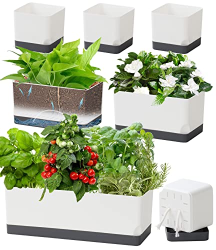 Self Watering Planters Pots for Indoor Plants, 7 Pack 4+8+17 Inch Plastic Window Boxes Planters Herb Planter, Rectangle Rectangular Planter Windowsill Planters with Drainage and Saucer - color: Dark Gray, size: 4+8+17 Inch (7 pcs)