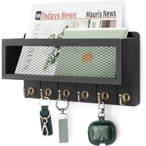 Rebee Vision Key Holder Wall Mount with 6 Hooks for Entryway, Modern Black | Key Holder for Wall, Mesh Storage Basket, Wooden Mail Sorter, Key Rack, Office Storage, Rustic Office, Apartment Home Accent - color: Black