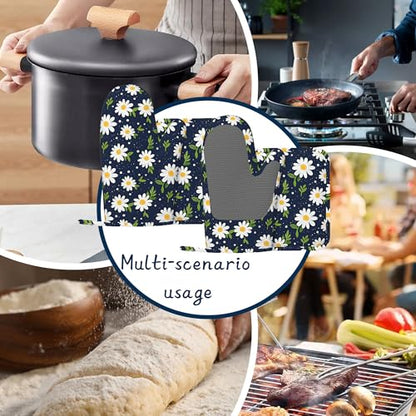 Heat Resistant Pot Holders and Oven Mitts,Daisy Flower Extra Long Kitchen Oven Mitt Set,Navy Blue Cotton Lining Anti-Slip Waterproof Kitchen Mittens Hot Pan Holder for Baking Cooking Grilling - color: Daisy Flower