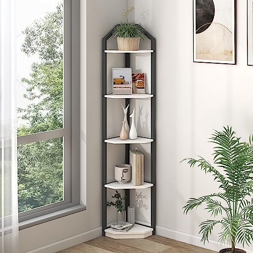Fun Memories 5 Tier Corner Shelf, 70” Corner Shelf Stand, Corner Bookshelf Plant Stand, Storage Shelf for Bathroom, Living Room, Kitchen,Home Office, White - color: Rustic White