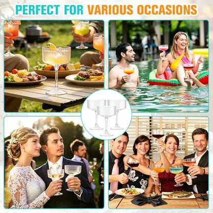 48 Pcs Plastic Martini Glasses Disposable,10oz Ribbed Martini Glasses | Unbreakable, Vintage Coupe Cocktail Glasses Set with Detachable Stem for Wedding Birthday Party Bar Supplies, Clear