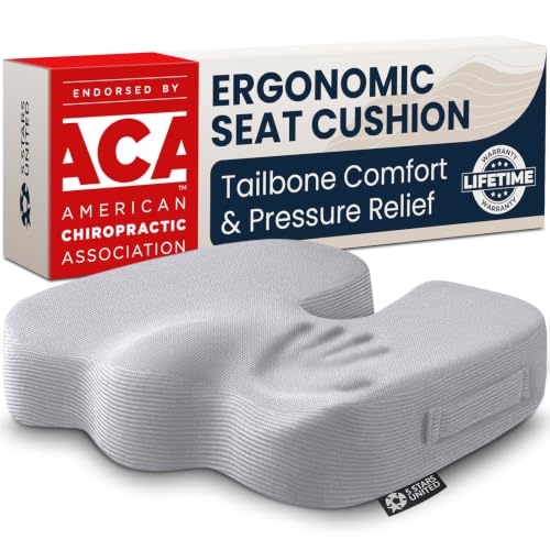 5 STARS UNITED Seat Cushion - Memory Foam Chair Pad for Tailbone Pain Relief - Ergonomic Support for Coccyx, Sciatica & Butt - Office, Desk & Gaming Chair, Car Seat, Wheelchair, Airplane, L Gray - color: Light Gray, size: Large