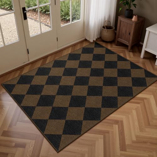 Easy Jute Checkered Entryway Rug, 2.6x4 Coffee Modern Indoor Outdoor Doormat Non-Slip Washable Kitchen Rug, Neutral Farmhouse Diamond Throw Rugs for Entrance Bedroom Porch Patio - color: Coffee Checkered, size: 2.6' x 4' (Rectangular)