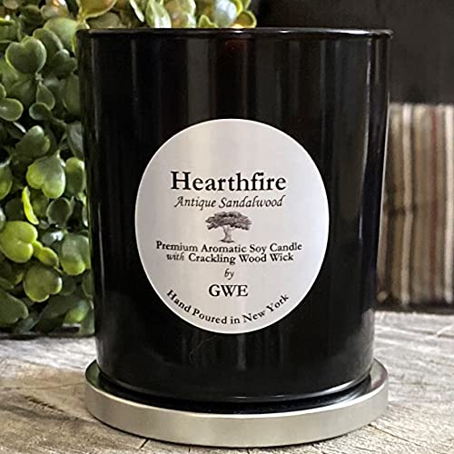 Hearthfire - Sandalwood Scented Soy Candle w/Natural Oils, Wood Wick, Smoky Dark Sweet, Made in The USA in Black Jar - Aromatherapy, Gifts for Housewarming, Birthday, Holidays, Sympathy, Men, Women